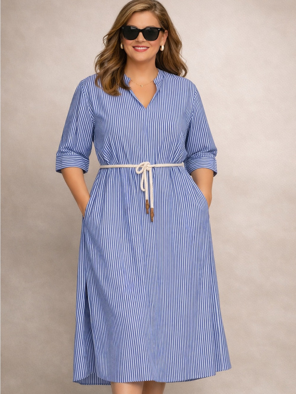 Banana Republic Maya Prep V-neck Blue & White Striped Midi Dress with Rope Belt